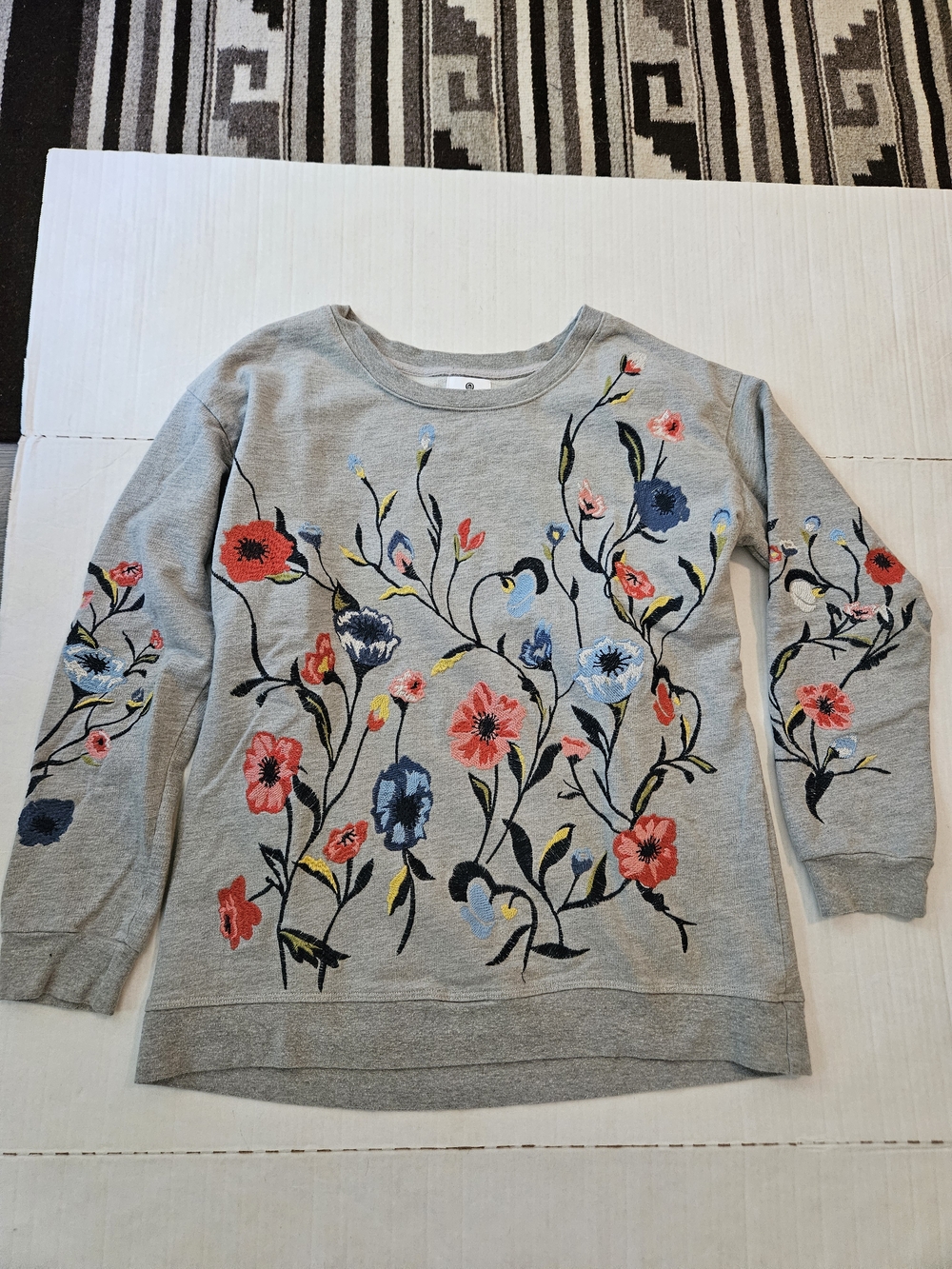 Sundry Anthropologie Embroidered Floral Gray French Terry Pullover Sweatshirt, S - Picture 3 of 12